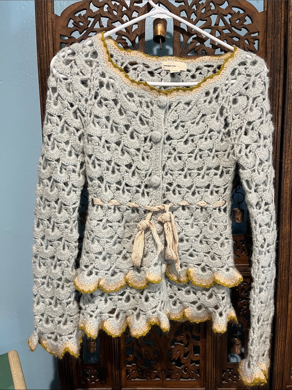 Anythropologie Sleeping on Snow Crochet Knit Peplum cardigan